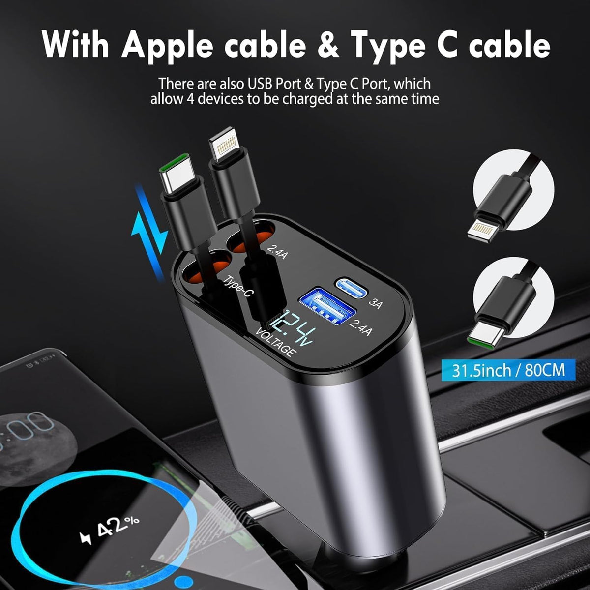 4-in-1 Super Fast Car Charger With Dual Built-in Cables Dual Usb Ports