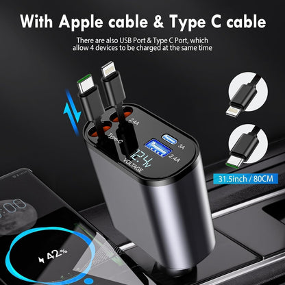 4-in-1 Super Fast Car Charger With Dual Built-in Cables Dual Usb Ports