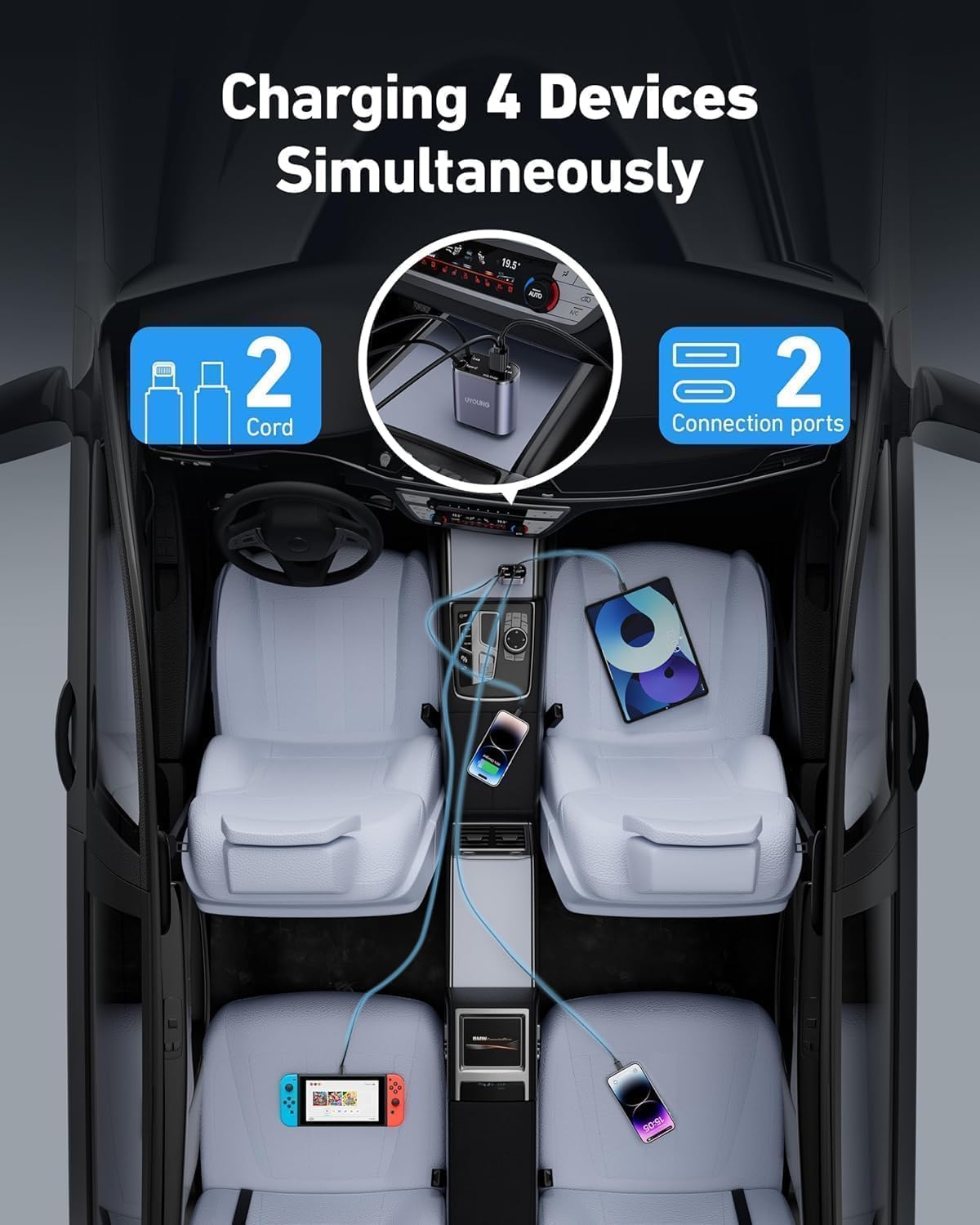 4-in-1 Super Fast Car Charger With Dual Built-in Cables Dual Usb Ports
