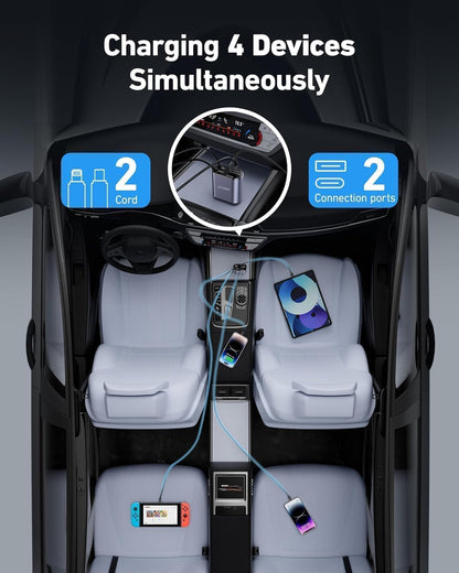 4-in-1 Super Fast Car Charger With Dual Built-in Cables Dual Usb Ports