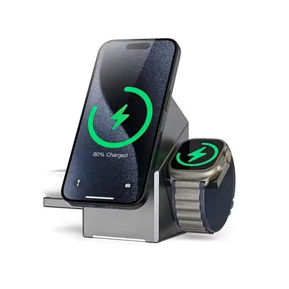 3-in-1 Portable Desktop Wireless Charger Station | Folding Magnetic 15W Charger for Mobile Phones, Smartwatches & Earbuds | Compact & Travel-Friendly Design (Qi 2 Wireless Charger)