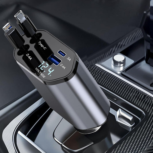 4-in-1 Super Fast Car Charger With Dual Built-in Cables Dual Usb Ports
