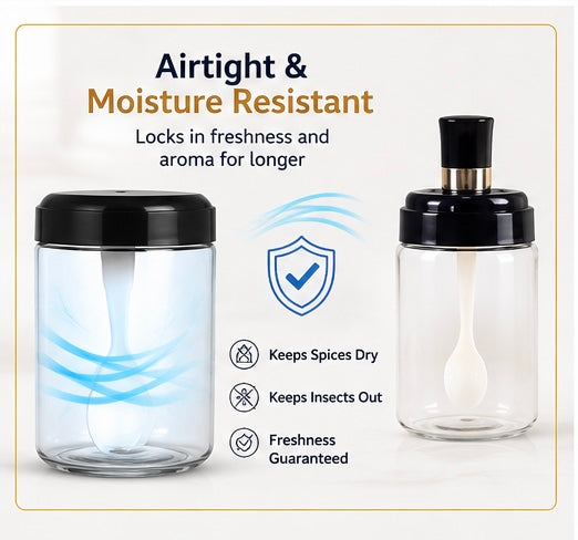 Transparent Spice Jar Set With Spoon Airtight Lid (4 Pc)