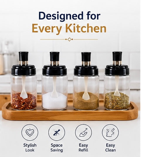 Transparent Spice Jar Set With Spoon Airtight Lid (4 Pc)