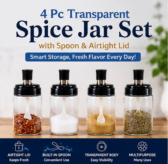 Transparent Spice Jar Set With Spoon Airtight Lid (4 Pc)