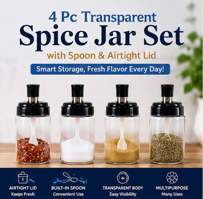 Transparent Spice Jar Set With Spoon Airtight Lid (4 Pc)