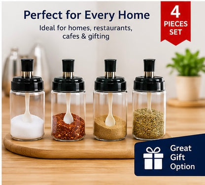 Transparent Spice Jar Set With Spoon Airtight Lid (4 Pc)