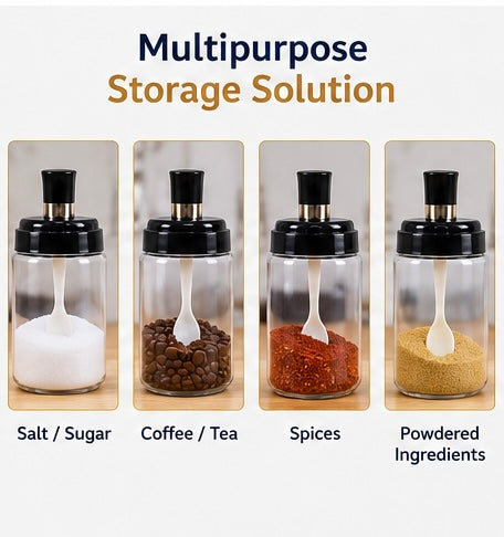 Transparent Spice Jar Set With Spoon Airtight Lid (4 Pc)