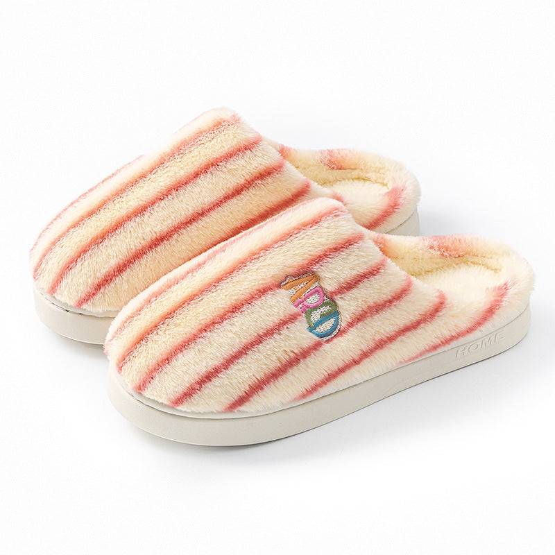Ins Plush Striped Slippers Winter Warm Letter Embroidered Shoes Fashion Floor Bedroom Home Slipper For Women Men Couples