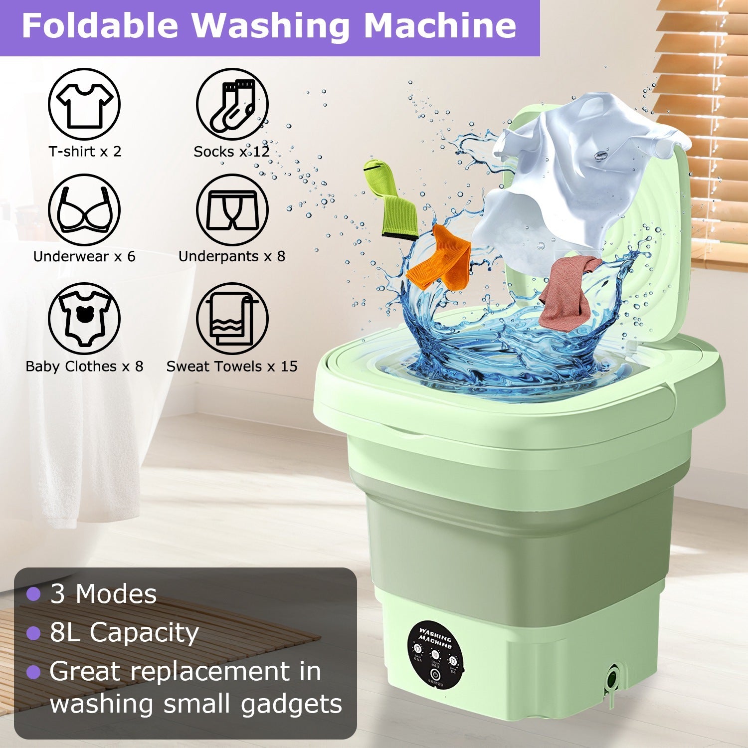 1Pc Portable Washing Machine Foldable Laundry Machine With Detachable Drain Basket 3 Modes Electric Clothes Washer For Underwear Socks Towels Baby Clothes